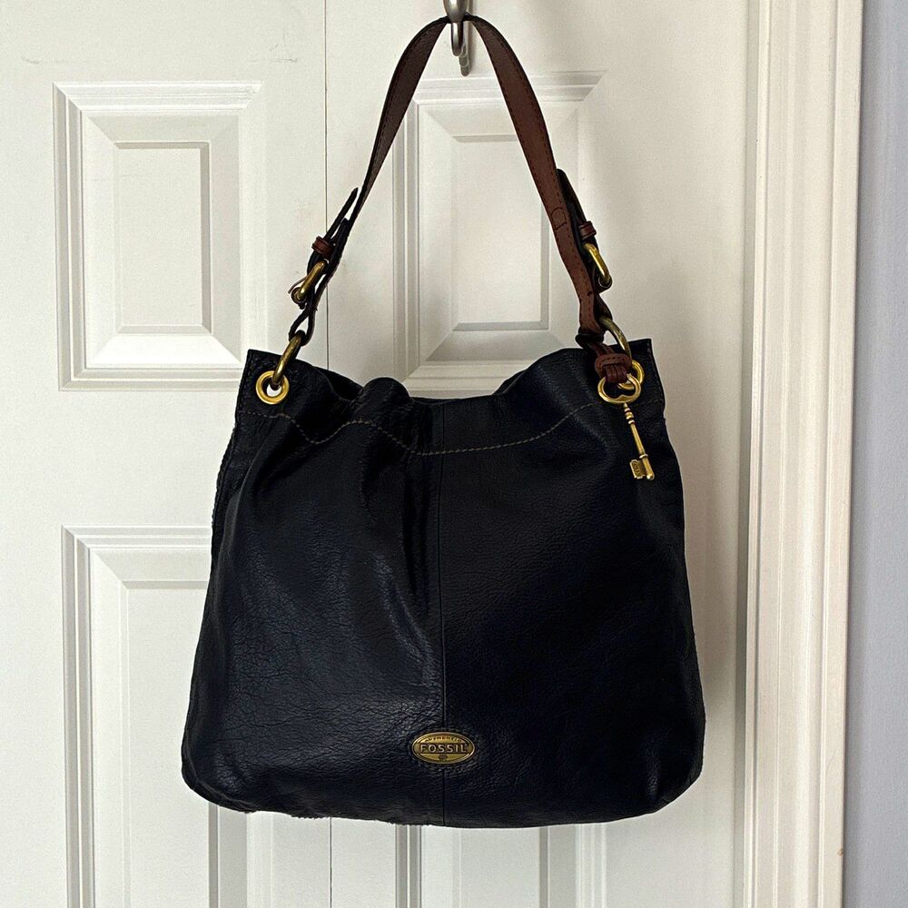 Fossil Black Pebbled Shoulder Bag Brown Strap Zip Lined Pockets Gold Key